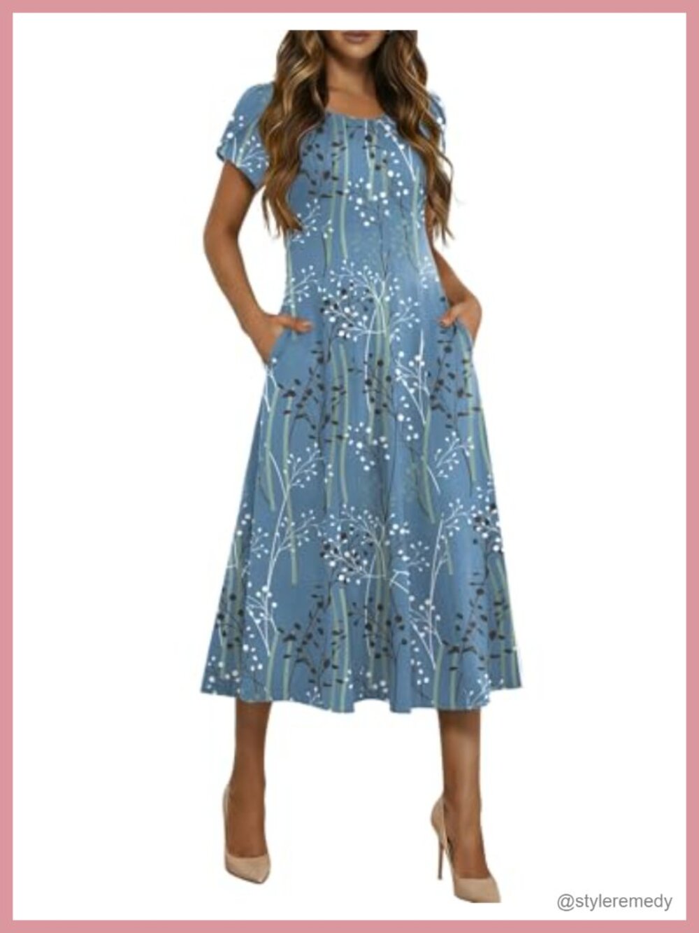 Women's Midi Dress Petal Short Sleeve A-Line Pleated Flare Sundress